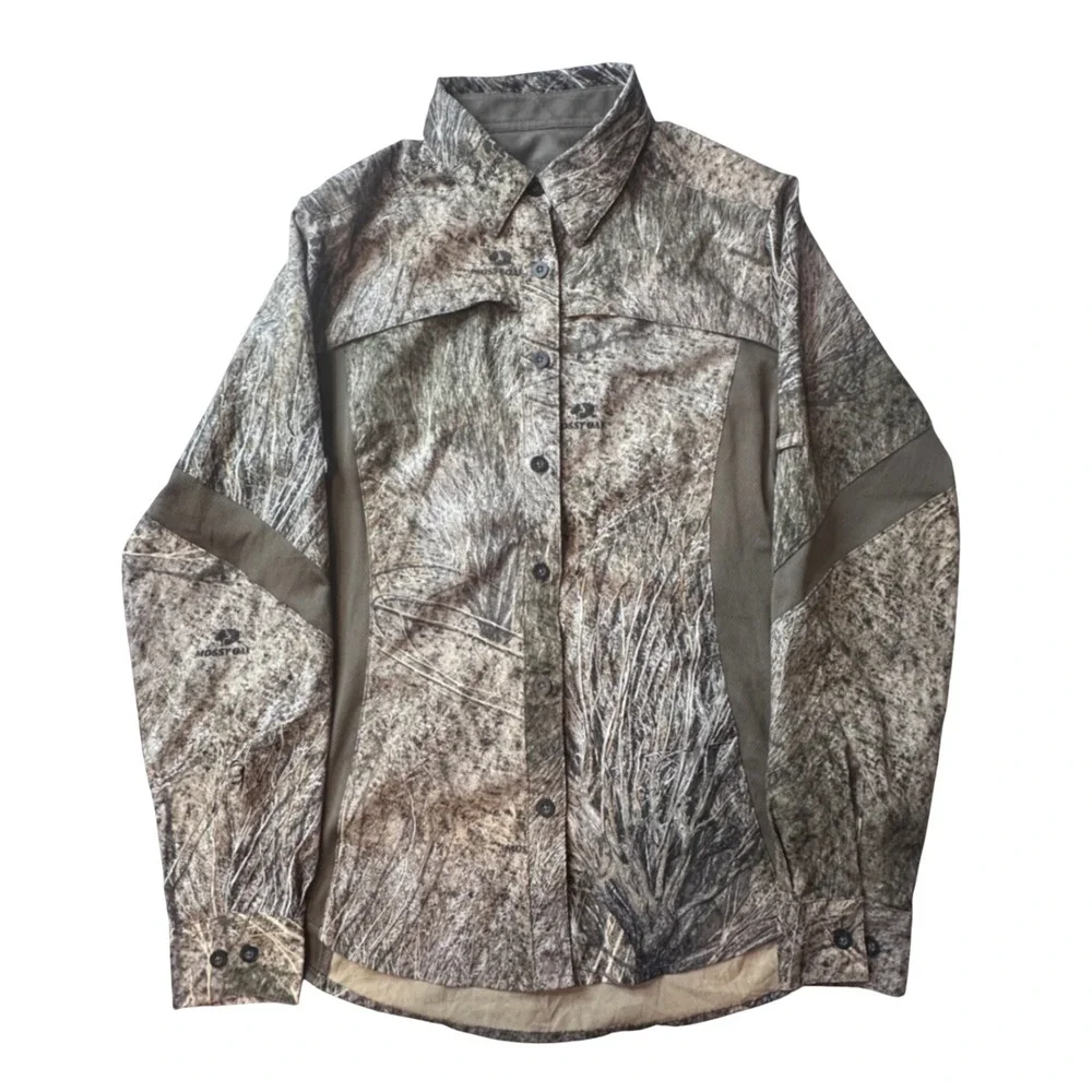 Magellan Shirt Womens M Brown Mossy Oak Camo Hunt Gear Mesh Panel Button Down